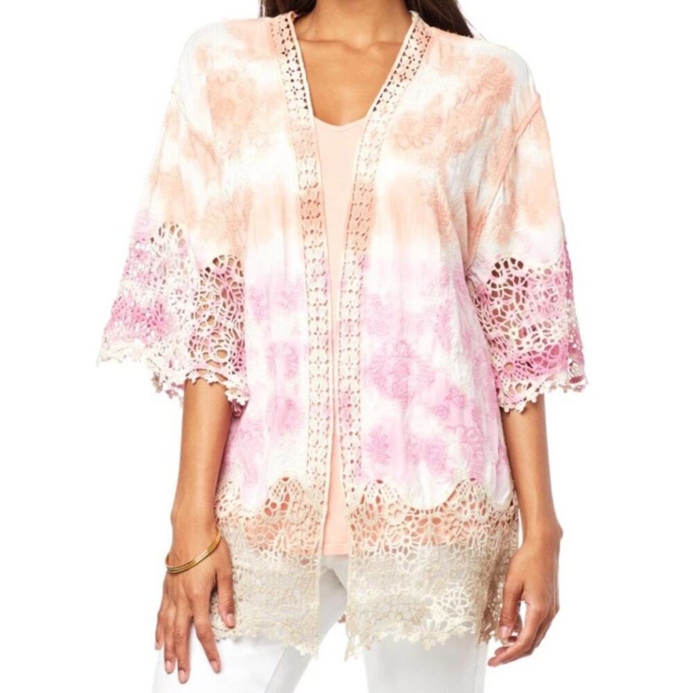 Democracy Kimono Top Womens 2X Multicolor Tie Dye Crochet Trim Open Front Boho